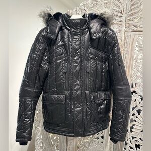 Men’s Black Quilted Puffer Jacket with Fur Hood